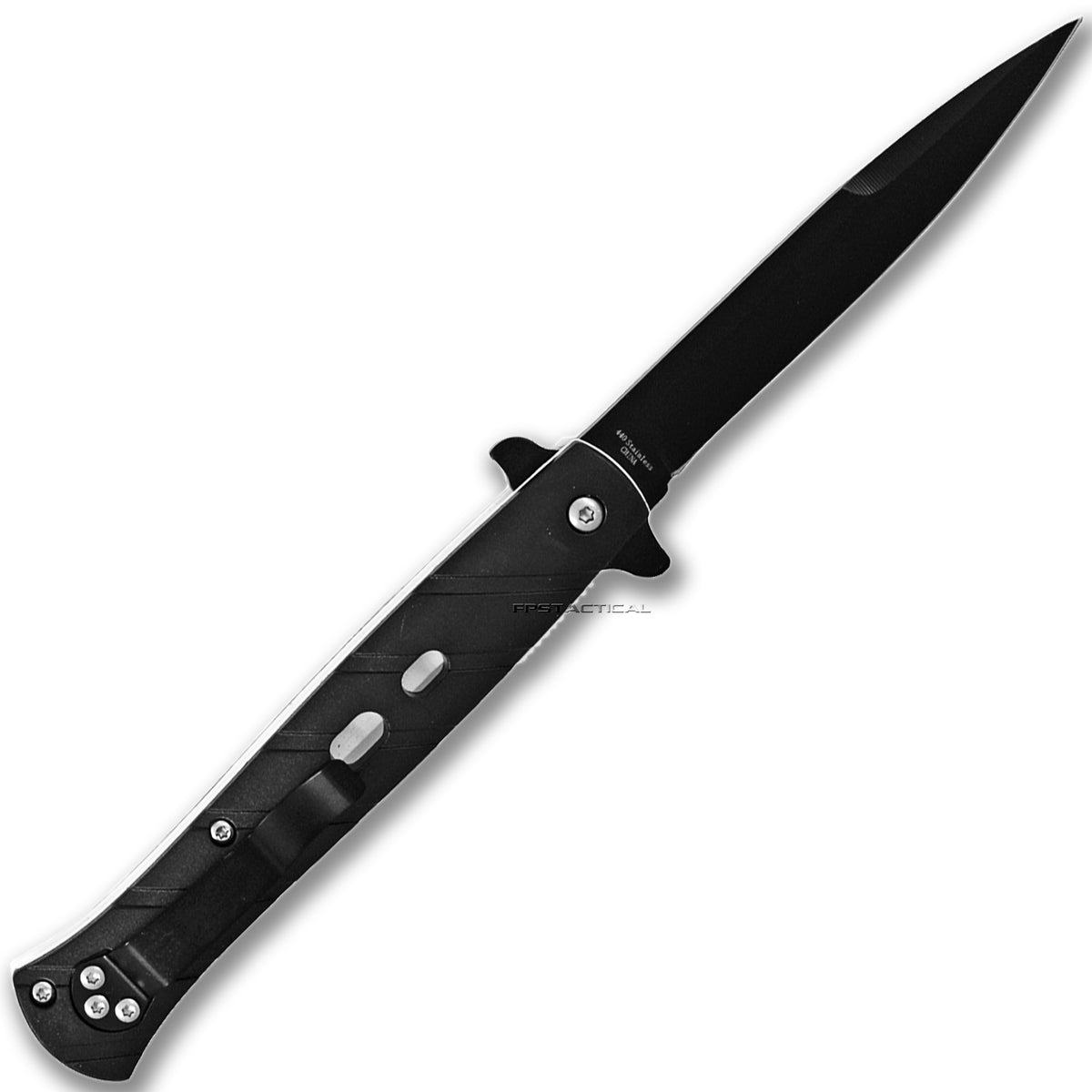 Pacific Solutions Matte Black Spring Assisted Stiletto Knife with Whit