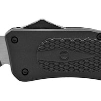 FPSTACTICAL Allotrope Tanto OTF Knife Black & Silver Two Tone Partial Serrated Blade and Diamond Texture Aluminum Handle 3.5"