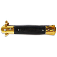 Falcon Mirror Finish Golden Spring Assist Stiletto Knife w Black Ash Wood Scales 3.75"
