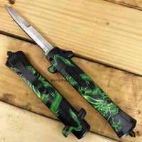 FPSTACTICAL Tarragon Automatic OTF Switchblade Stiletto Knife Black w/ Green Dragon / Mirror Polish 3.75"
