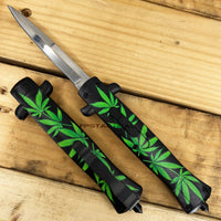 FPSTACTICAL Mary Jane Automatic OTF Switchblade Stiletto Knife Black w/ Green Marijuana Leaves / Mirror Polish 3.75"
