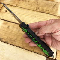 FPSTACTICAL Mary Jane Automatic OTF Switchblade Stiletto Knife Black w/ Green Marijuana Leaves / Mirror Polish 3.75"
