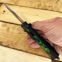 FPSTACTICAL Tarragon Automatic OTF Switchblade Stiletto Knife Black w/ Green Dragon / Mirror Polish 3.75"
