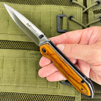 MTech USA Spring Assisted Pocket Knife Black with Brown / Yellow Wood Scales 3.75" MT-A908YL