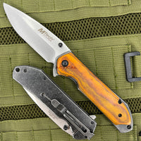 MTech USA Spring Assisted Pocket Knife Black with Brown / Yellow Wood Scales 3.75" MT-A908YL
