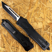 FPSTACTICAL Allotrope Tanto OTF Knife Black & Silver Two Tone Partial Serrated Blade and Diamond Texture Aluminum Handle 3.5"
