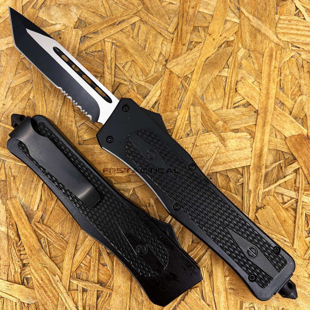 FPSTACTICAL Allotrope Tanto OTF Knife Black & Silver Two Tone Partial Serrated Blade and Diamond Texture Aluminum Handle 3.5