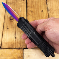 FPSTACTICAL Tonic OTF Knife Black with Dual Edge Iridescent ( Multi-Color / Rainbow ) Blade 3.5"
