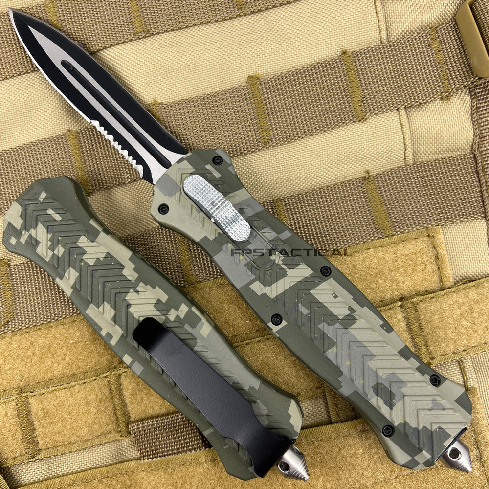 FPSTACTICAL Firth ACU Digital Camouflage Olive Green, Light Tan, and Black Dual Edge Serrated OTF Knife 3.5