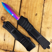 FPSTACTICAL Tonic OTF Knife Black with Dual Edge Iridescent ( Multi-Color / Rainbow ) Blade 3.5"
