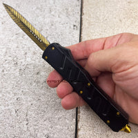 FPSTACTICAL Pinion Compact OTF Knife Black with Dual Edge Gold Blade and Feather Etching 3.5"
