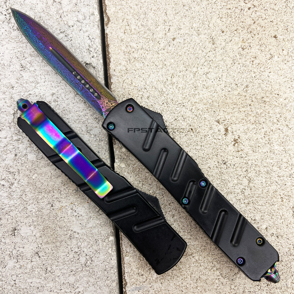 FPSTACTICAL Coruscate Compact OTF Knife Black with Dual Edge Damascus Iridescent Blade 3.5