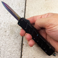 FPSTACTICAL Coruscate Compact OTF Knife Black with Dual Edge Damascus Iridescent Blade 3.5"