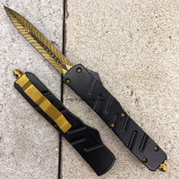 FPSTACTICAL Pinion Compact OTF Knife Black with Dual Edge Gold Blade and Feather Etching 3.5"
