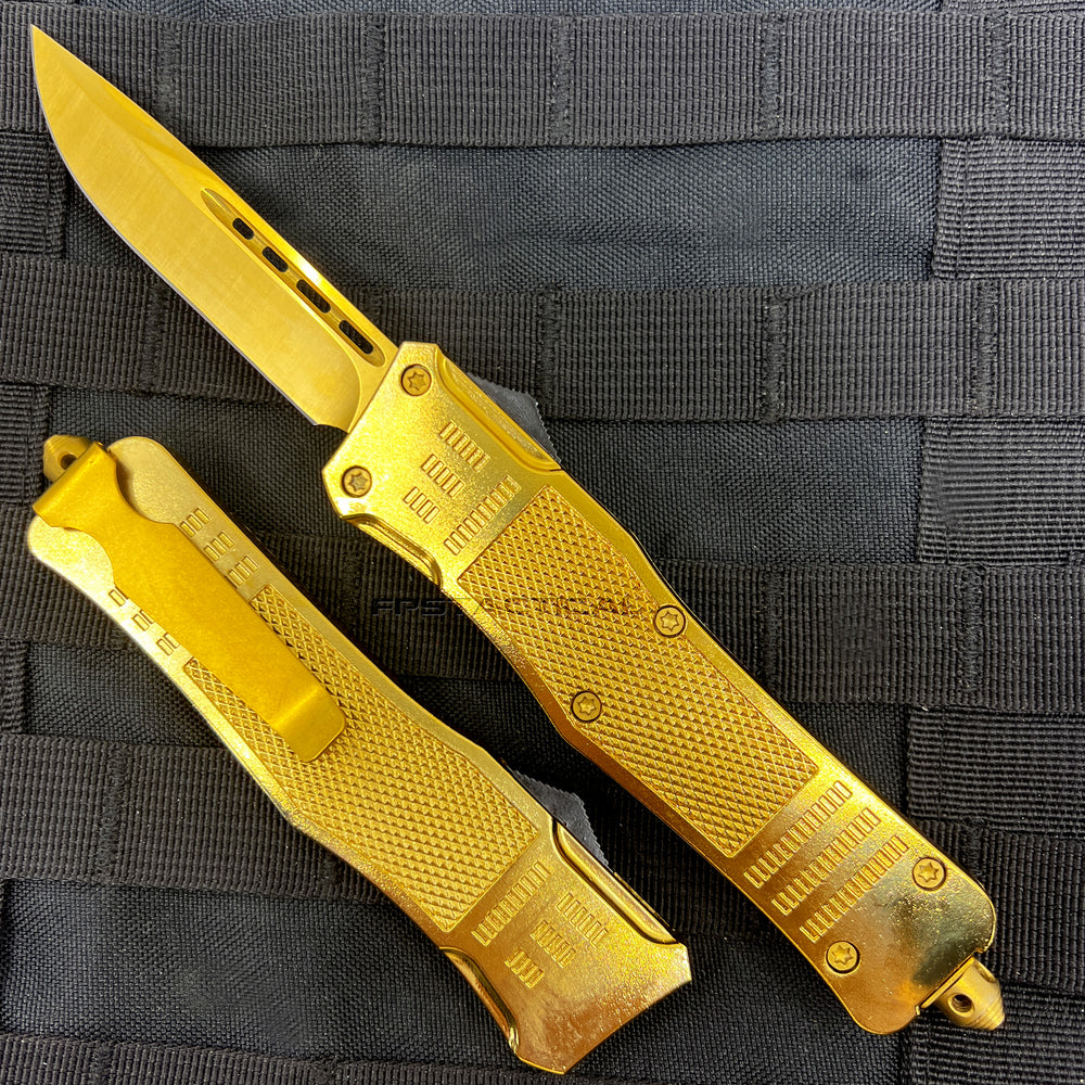 FPSTACTICAL 3PO OTF Golden Knife with Textured Handle and Black Firing Switch 4