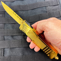 FPSTACTICAL 3PO OTF Golden Knife with Textured Handle and Black Firing Switch 4"
