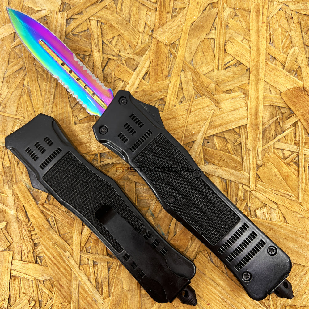 FPSTACTICAL ARC II OTF Knife Black with Dual Edge and Serrated Iridescent 3.5