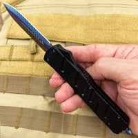 FPSTACTICAL Hue Compact OTF Knife Black with Dual Edge Iridescent Blade and Feather Etching 3.5"
