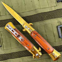 FPSTACTICAL Flaxen Italian Style Stiletto Switchblade Mirror / Gold with Cherry PakkaWood Inlays 4"
