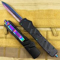 FPSTACTICAL Hue Compact OTF Knife Black with Dual Edge Iridescent Blade and Feather Etching 3.5"
