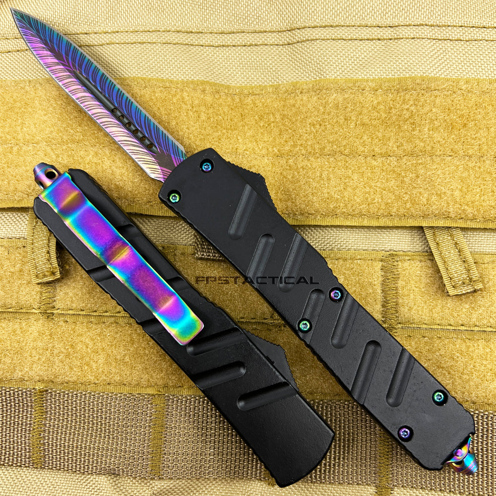 FPSTACTICAL Hue Compact OTF Knife Black with Dual Edge Iridescent Blade and Feather Etching 3.5