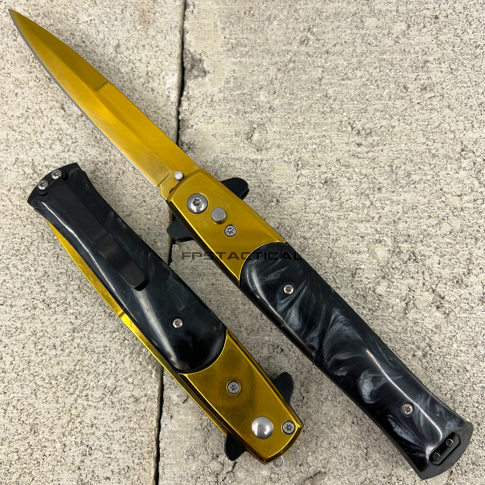 FPSTACTICAL Repose Gold on Black Pearlex Switchblade Stiletto Knife 4
