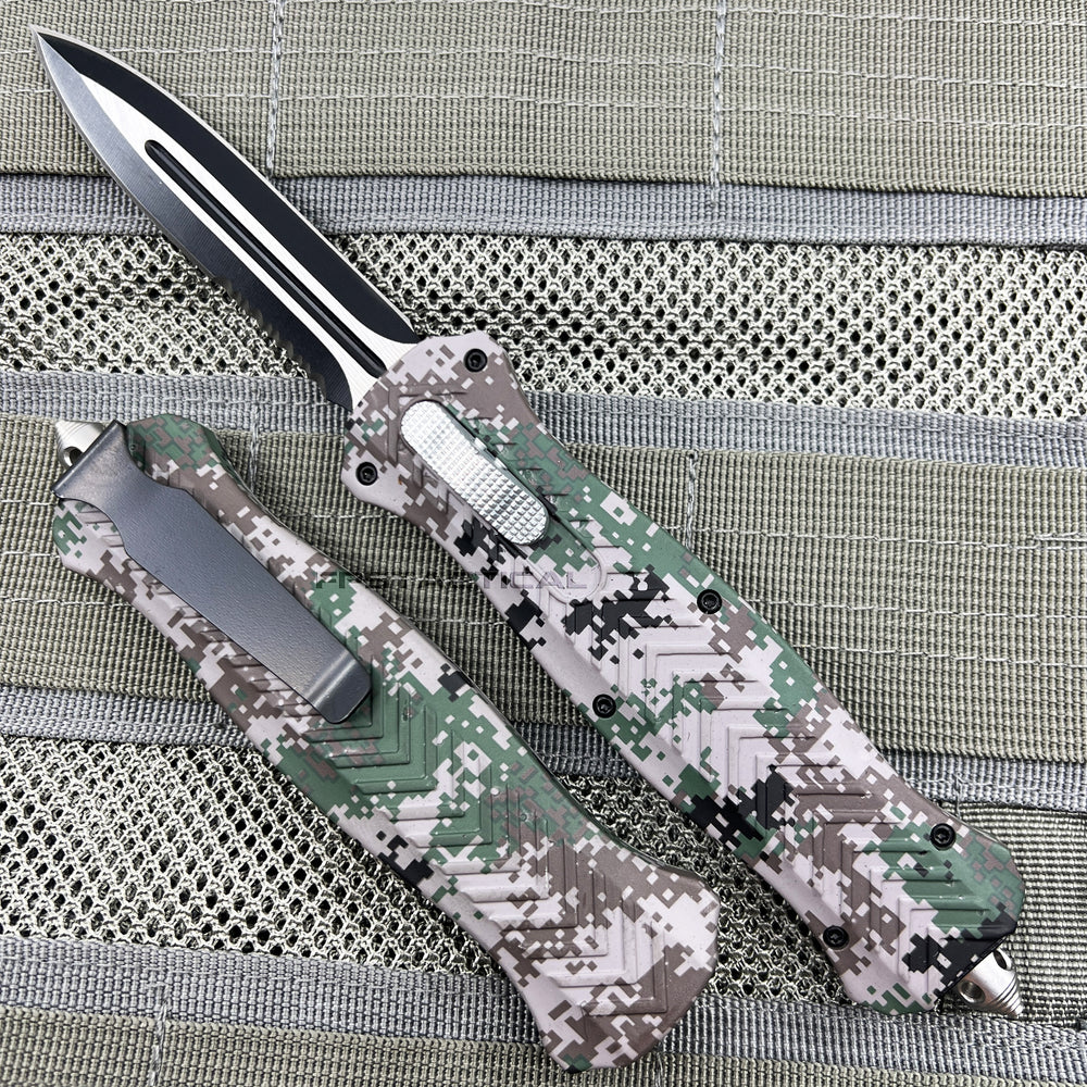 FPSTACTICAL UCP Universal Digital Camouflage Olive Green, Light Tan, and Black Dual Edge Serrated OTF Knife 3.5