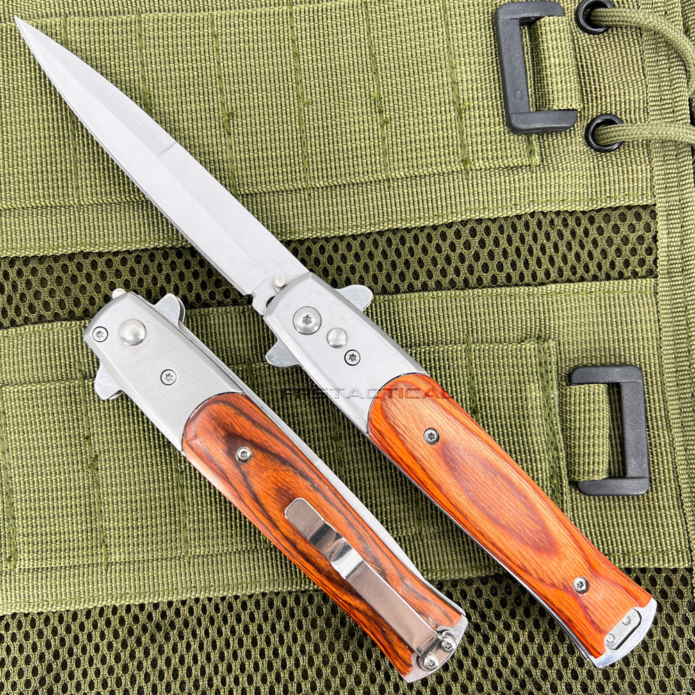 FPSTACTICAL Arbres Satin Silver and Pakkawood Switchblade Stiletto Knife 4