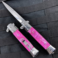 Falcon KS6008CPK Classic Mirror / Chrome and Pink Marble / Pearlex Spring Assisted Stiletto Knife 4"
