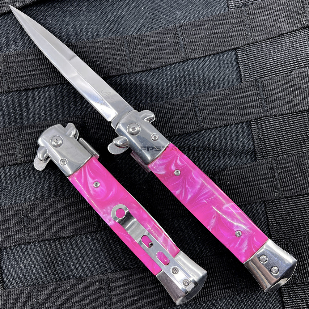 Falcon KS6008CPK Classic Mirror / Chrome and Pink Marble / Pearlex Spring Assisted Stiletto Knife 4