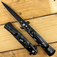 FPSTACTICAL Reaper Italian Style Stiletto Switchblade Black with Black and White Pearlex Inlays 4"