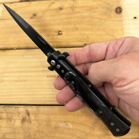 FPSTACTICAL Reaper Italian Style Stiletto Switchblade Black with Black and White Pearlex Inlays 4"