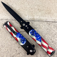 FPSTACTICAL Patriot Satin Black with Weathered USA Flag Switchblade Stiletto Knife 4"
