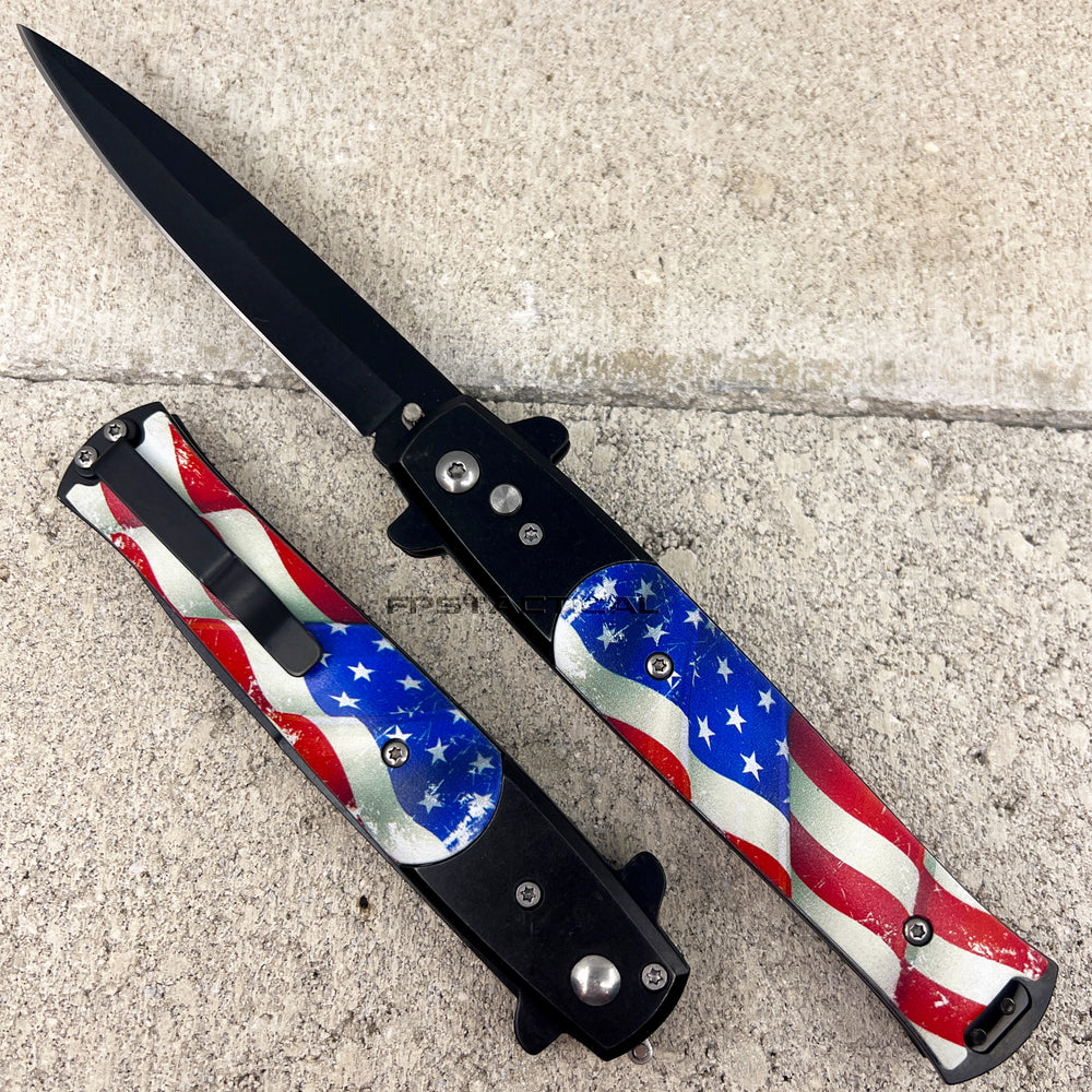 FPSTACTICAL Patriot Satin Black with Weathered USA Flag Switchblade Stiletto Knife 4