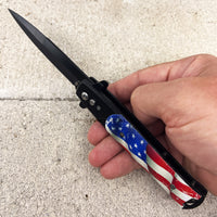 FPSTACTICAL Patriot Satin Black with Weathered USA Flag Switchblade Stiletto Knife 4"
