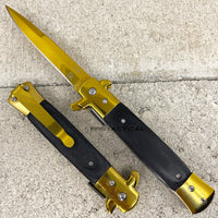 Falcon Mirror Finish Golden Spring Assist Stiletto Knife w Black Ash Wood Scales 3.75"