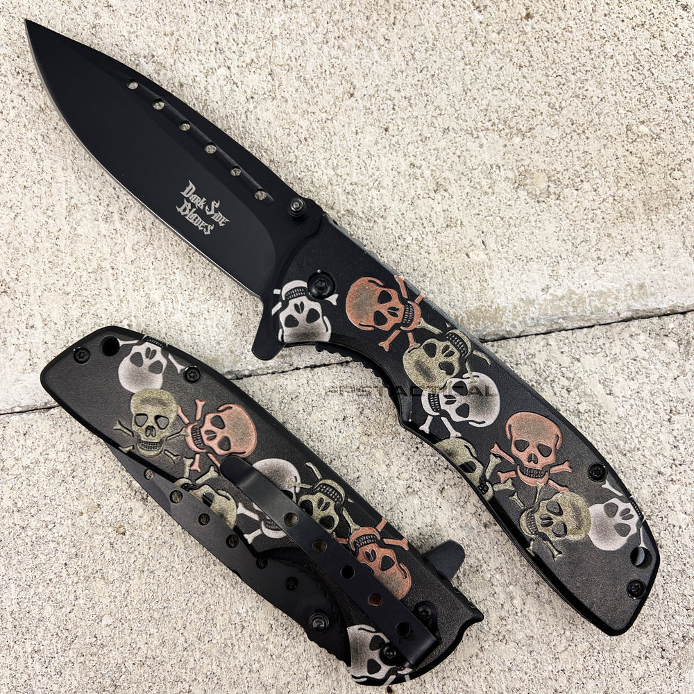 Dark Side Embossed Skulls Black / Silver / Copper Multi-Color Spring Assisted Fantasy Pocket Knife 4