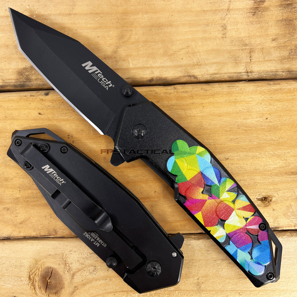 MTech USA Embossed Flower Black and Rainbow Multi-Color Tactical Spring Assisted Knife 4