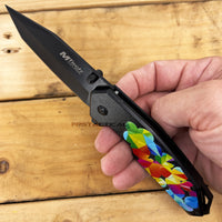 MTech USA Embossed Flower Black and Rainbow Multi-Color Tactical Spring Assisted Knife 4"
