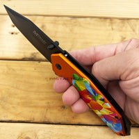 MTech USA Embossed Flower Black and Orange Rainbow Multi-Color Tactical Spring Assisted Knife 4"
