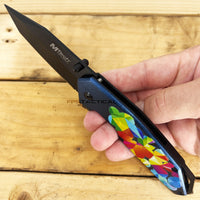 MTech USA Embossed Flower Black and Blue Rainbow Multi-Color Tactical Spring Assisted Knife 4"
