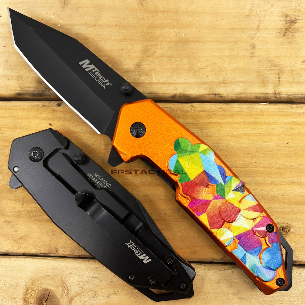 MTech USA Embossed Flower Black and Orange Rainbow Multi-Color Tactical Spring Assisted Knife 4