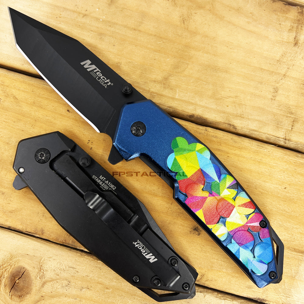 MTech USA Embossed Flower Black and Blue Rainbow Multi-Color Tactical Spring Assisted Knife 4