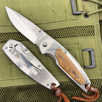 Elk Ridge Brushed Silver Manual Folding Pocket Knife w Wooden Overlay 3.5" ER-933BW
