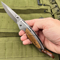 Elk Ridge Brushed Silver Manual Folding Pocket Knife w Wooden Overlay 3.5" ER-933BW