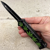 Pacific Solutions Marijuana Joker Style Spring Assisted Stiletto Knife Black 3.75"