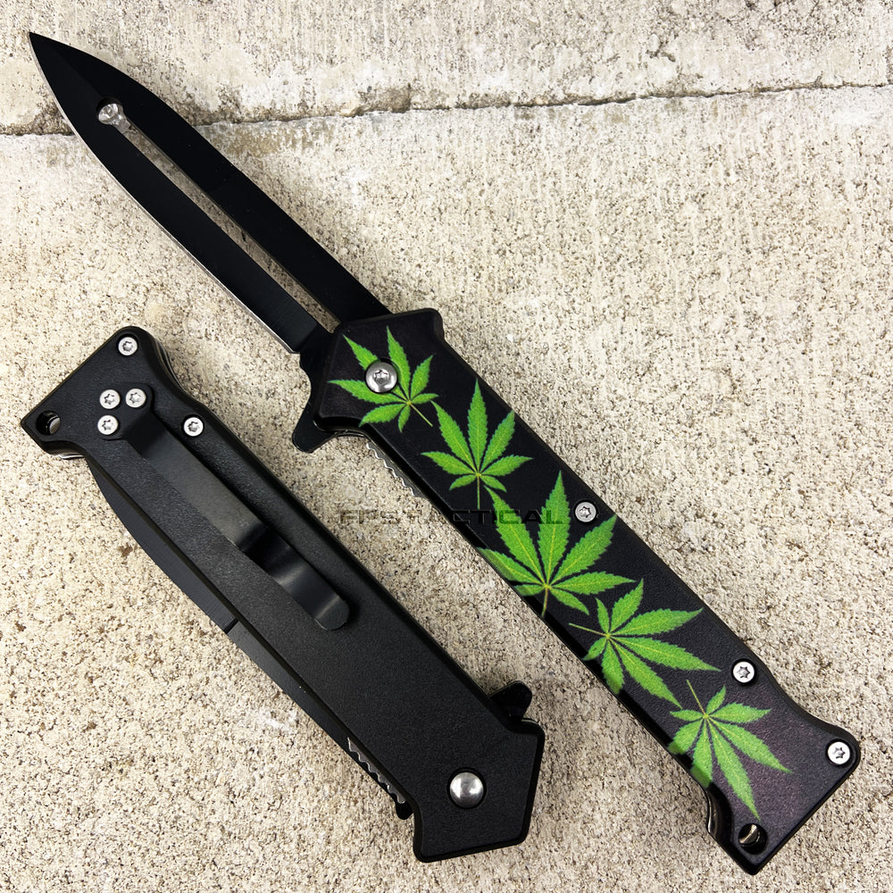 Pacific Solutions Marijuana Joker Style Spring Assisted Stiletto Knife Black 3.75