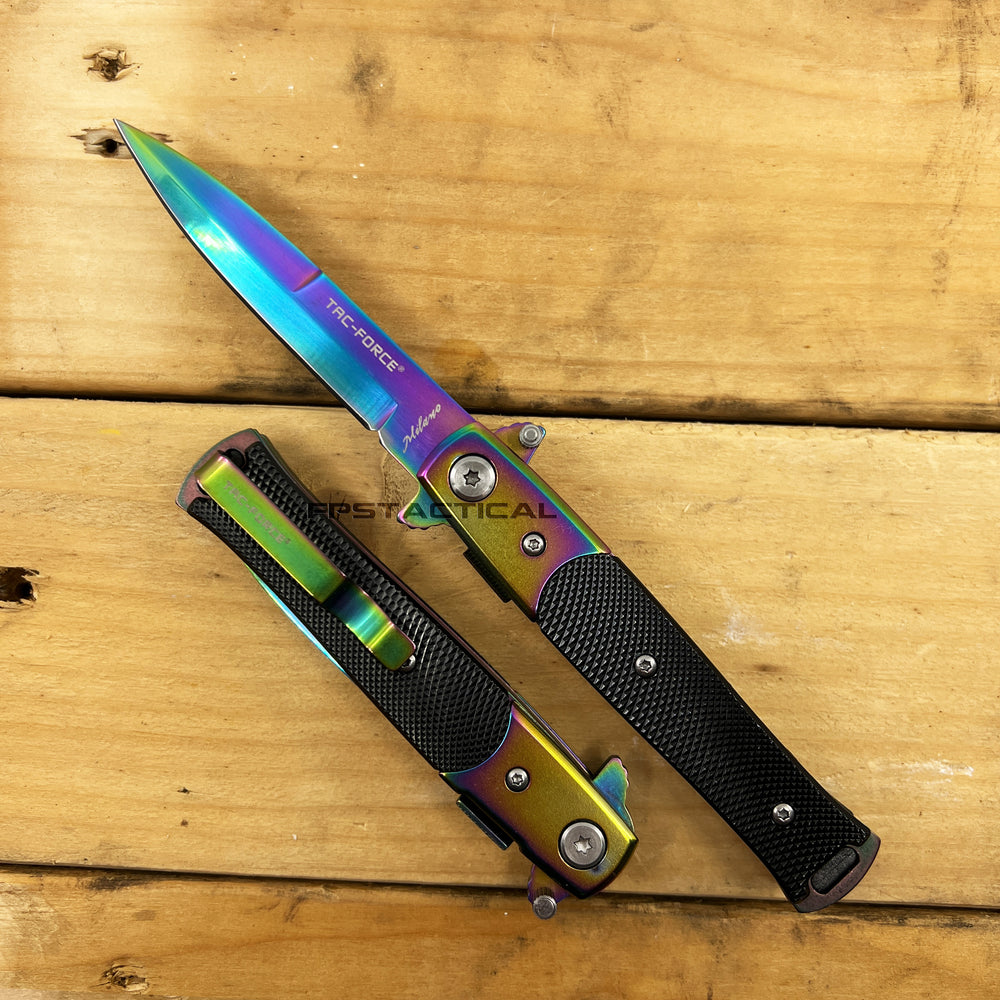 Tac-Force Compact Iridescent / Rainbow and Black Spring Assisted Stiletto Knife 3.25