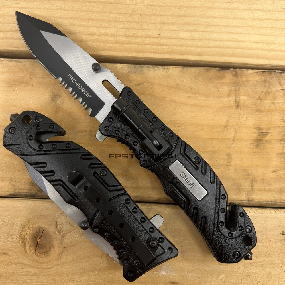 Tac-Force Black and Silver Spring Assisted Tactical Rescue Knife with Integrated LED Flashlight and Sheriff Badge 3.5