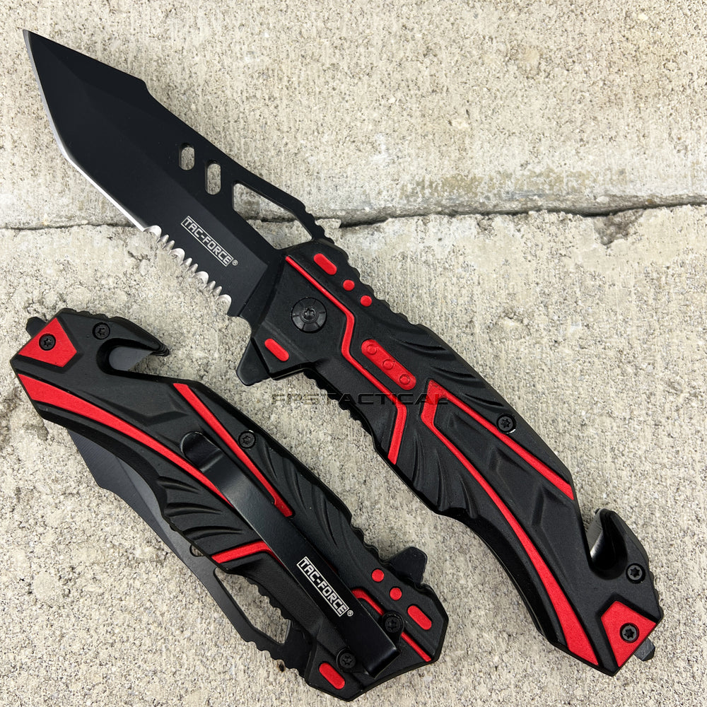 Tac-Force Black and Red Spring Assisted Tactical Rescue Knife w Integrated Seat Belt Cutter 3.75